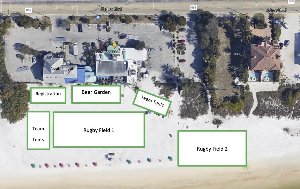 Map of Junkanoo on the Beach and the Beerfoot Beach Rugby Tournament event in Fort Myers Beach, Florida. Located at 3040 Estero Blvd, Fort Myers Beach, Florida 33931.